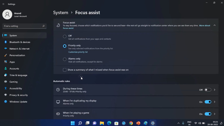 Focus Assist example on Windows 11