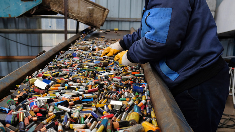 Batteries on a conveyor belt with a plant worker
