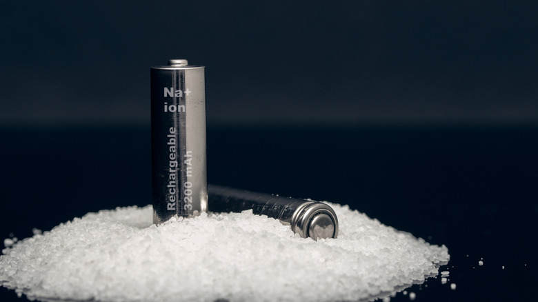 Two sodium-ion batteries in a pile of salt