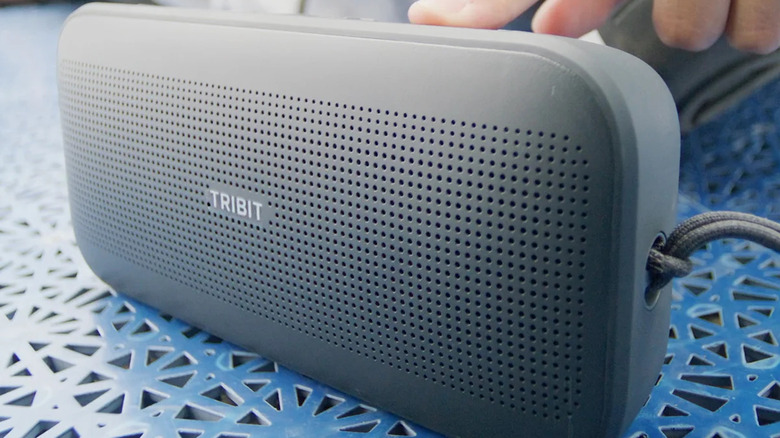 A close-up shot of the Tribit StormBox Flow speaker