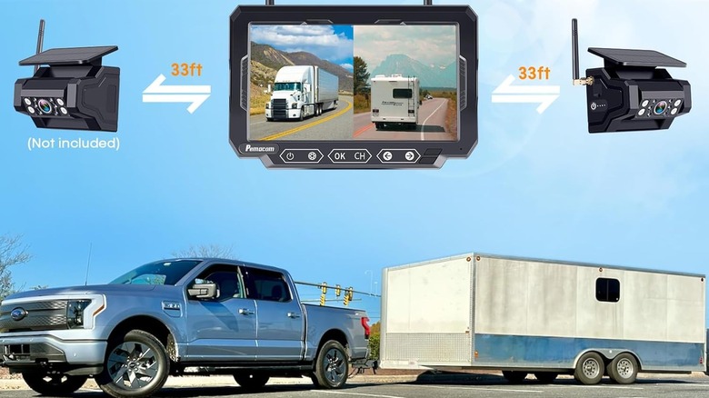 Truck with a trailer and inset of backup camera