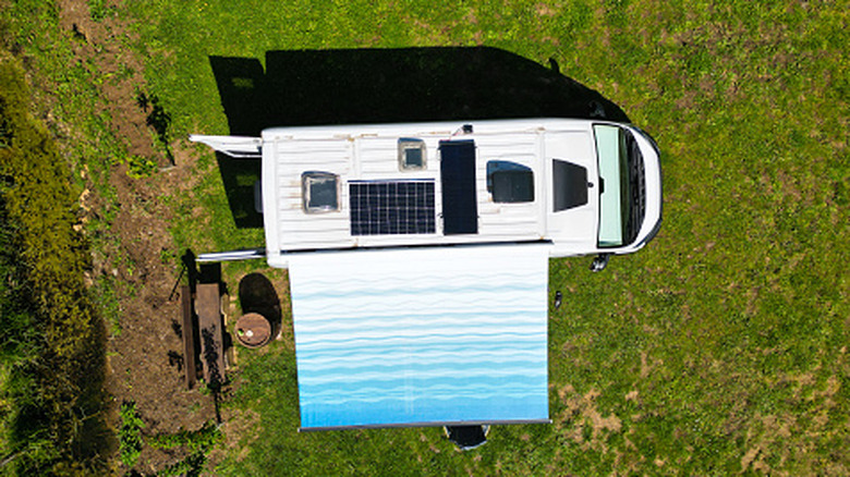 Aerial view of campervan with solar panels on top