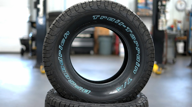A BFGoodrich Trail-Terrain T/A tire on display