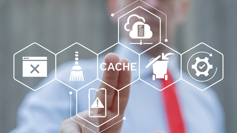 Blurred figure pressing conceptualized Cache button