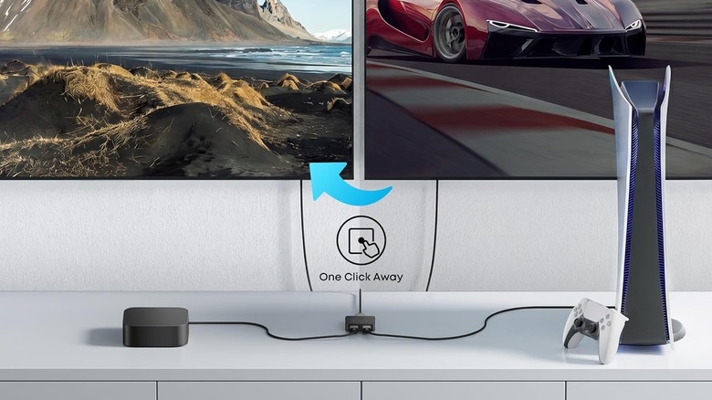 Anker HDMI switch connected to a PS5, an Apple TV, and 2 screens