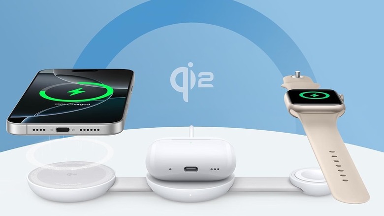 Anker MagGo UFO 3-in-1 charger charging an iPhone, AirPods, and Apple Watch