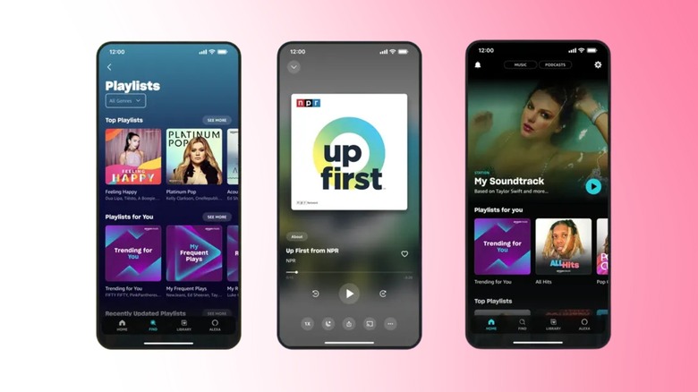 Amazon Music app showing Playlists page, NPR Up First podcast player, and personalized My Soundtrack home screen
