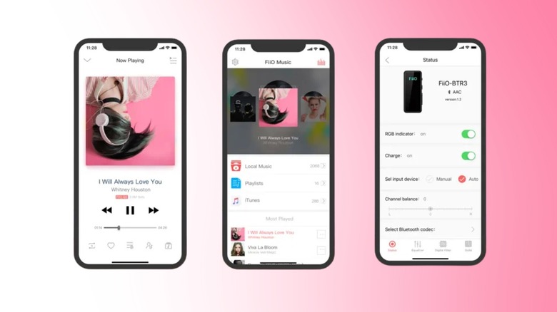 FiiO Music app screens showing playback, library, and Bluetooth settings
