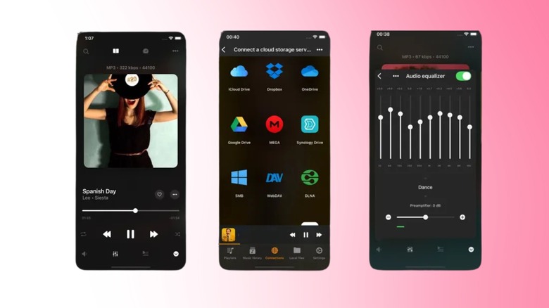 Flacbox interface showing cloud storage connections, music playback, and audio equalizer