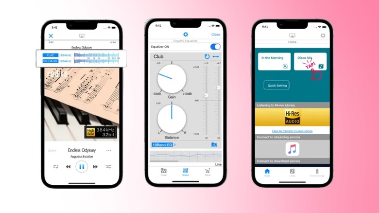 NePLAYER interface showing 384kHz playback, graphic equalizer, and home screen navigation