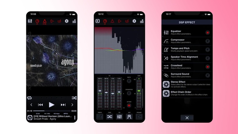 Three smartphone screens showing the technical UI and advanced DSP audio settings of the Neutron Music Player app