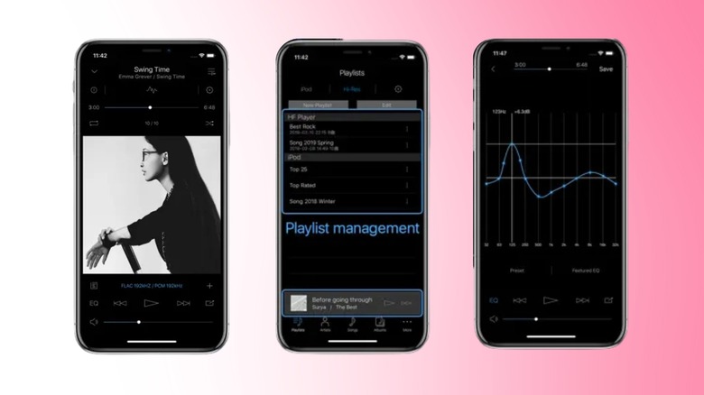 Onkyo HF Player interface showing high-res playback, playlist management, and custom FIR equalizer screens