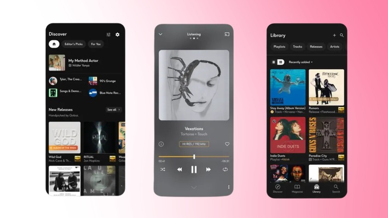 Qobuz app showing Discover page, now playing screen with album art, and Library tab on smartphone screens