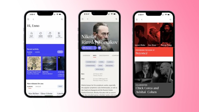 Roon Remote app showing home dashboard, composer profile page, and curated artist recommendations screen