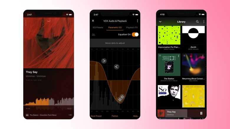 VOX Music Player showing now playing screen, parametric EQ settings, and library view with album grid
