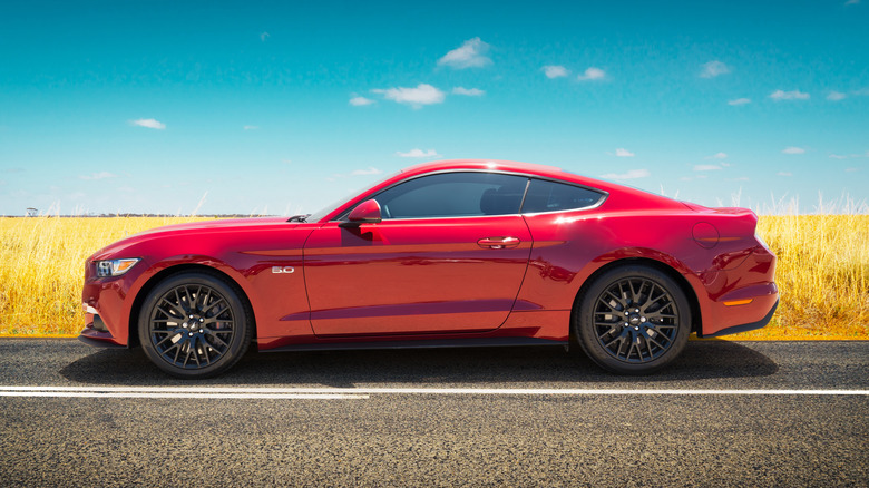 Ford Mustang parked by a field