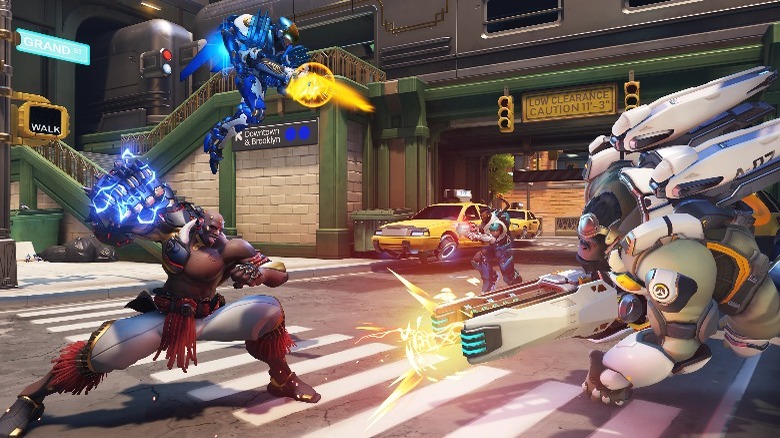 Overwatch 2 characters fighting in street