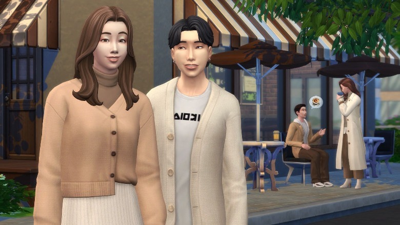 Sims standing outside a store