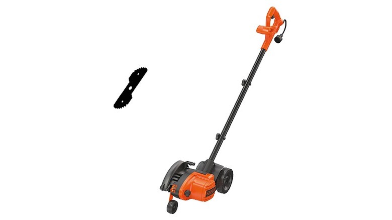 A landscape edger and trimmer with a blade guard against a white background.
