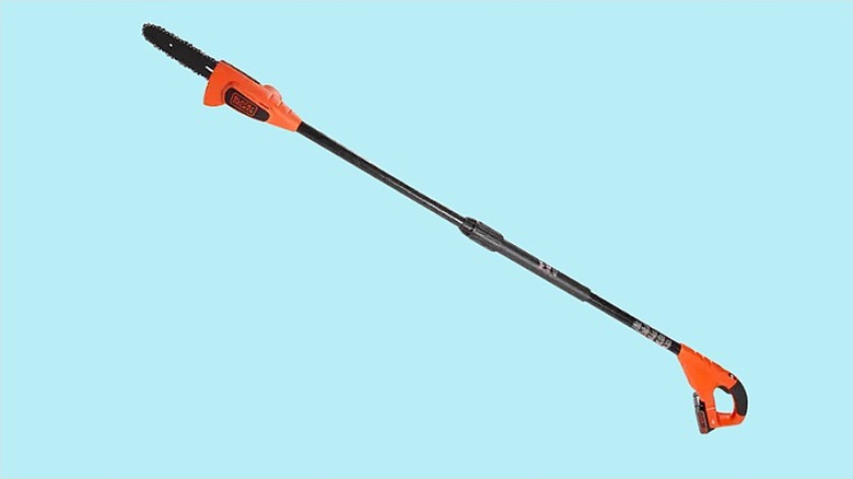 A pole pruning saw against a sky blue background.