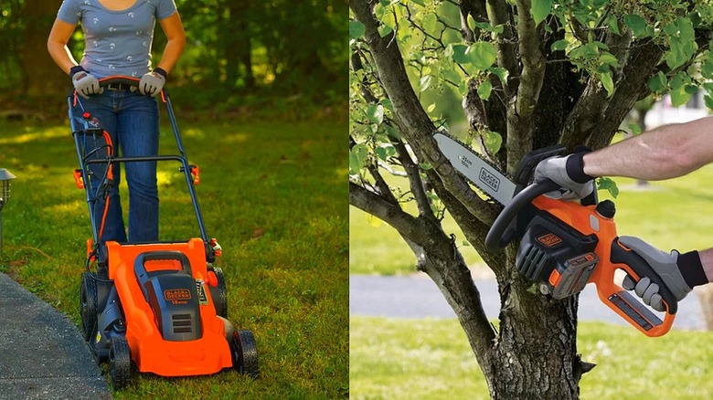 Woman using a lawn mower on the left and man using a chainsaw on the right.
