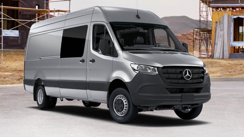 a silver Mercedes-Benz Sprinter Crew van pictured at a worksite