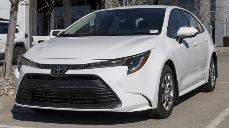 White Toyota Corolla 2026 parked in front of a dealership