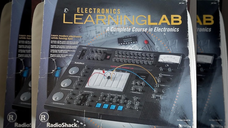 The box containing an Electronics Learning Lab from RadioShack