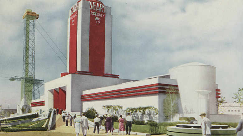 An illustration of the Sears Roebuck Building at an exposition in Chicago in 1933