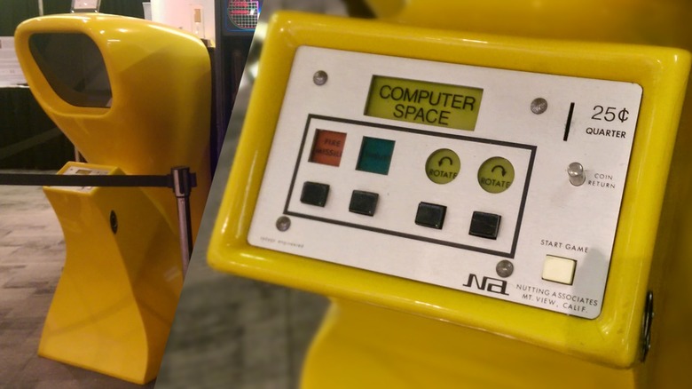 A Computer Space arcade cabinet on display with a closeup of its control panel