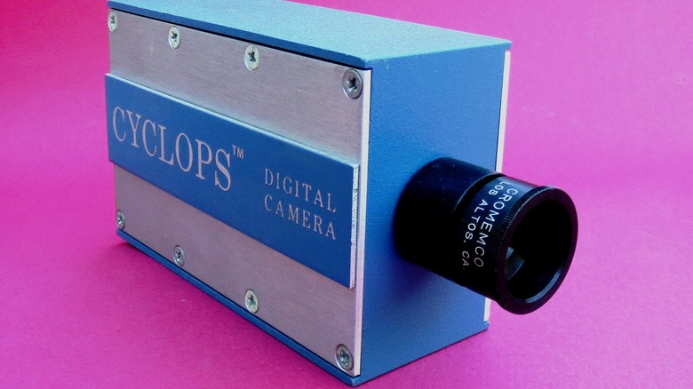 The Cromemco Cyclops on a pink background