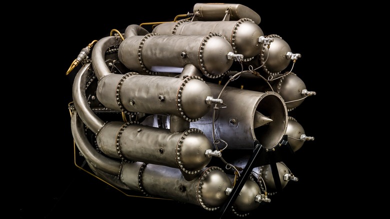 A Whittle W.1X turbojet engine against a black background