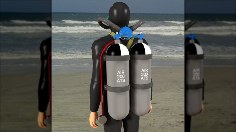 A 3D rendering of the Agua-Lung on a person about to enter the water on a beach