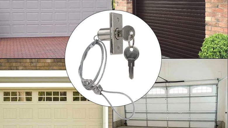 An emergency switch with release wire between four garage doors.