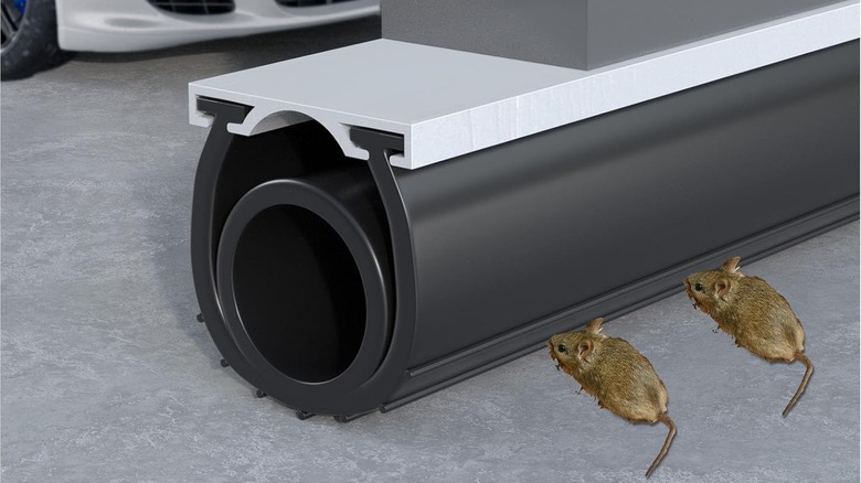 Two mice in front of a garage door with a car inside.