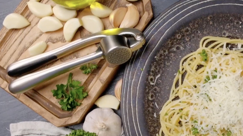 A person holding the Kitessensu Garlic Press in their palm