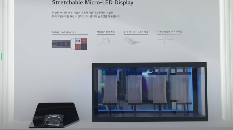 The LG Stretchable display mounted in an interactive showcase at a trade fair, with a machine stretching the display in a closed case next to it.