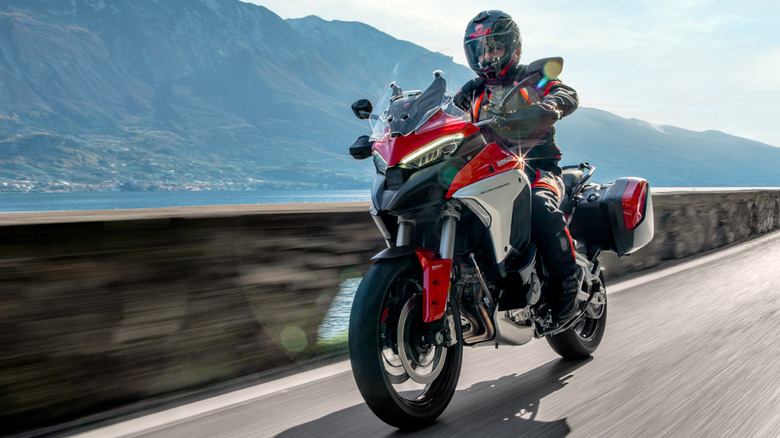 Ducati Multistrada V4S at speed on roadway