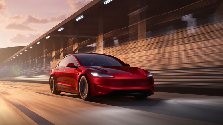 2025 Tesla Model 3 Performance front 3/4 view dynamic shot