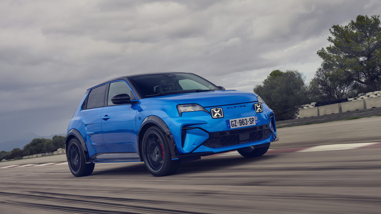 Alpine A290 electric hot hatch on track front 3/4 view