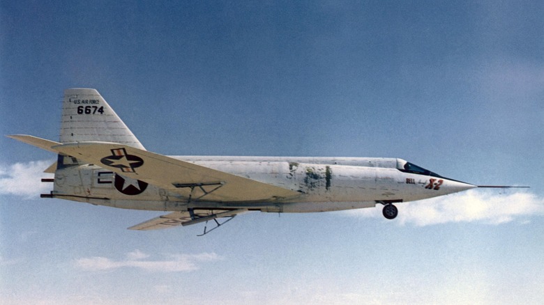 The Bell X-2 coming in for a landing with its skids deployed