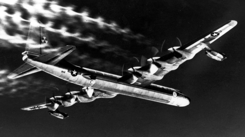 The Convair NB-36H producing contrails in flight