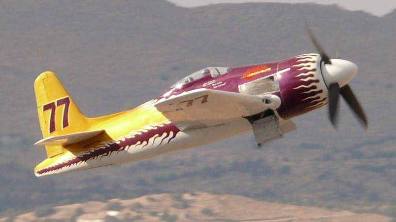 The Grumman F8F Bearcat "Rare Bear" flying in 2007 at the Reno Air Races in Nevada