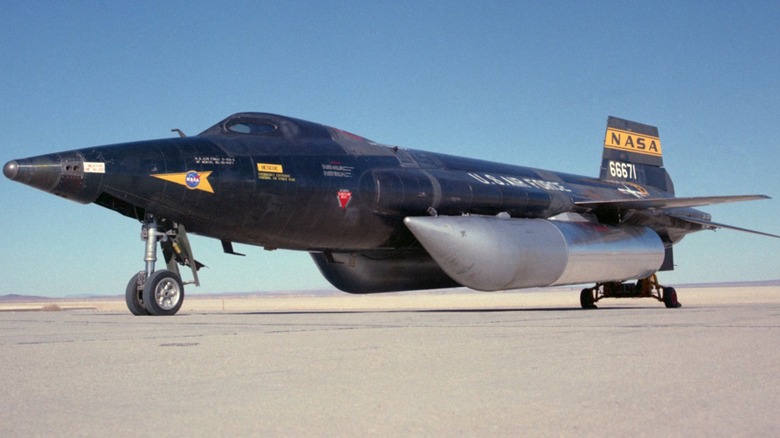 The X-15A-2 with external fuel tanks sitting on the tarmac