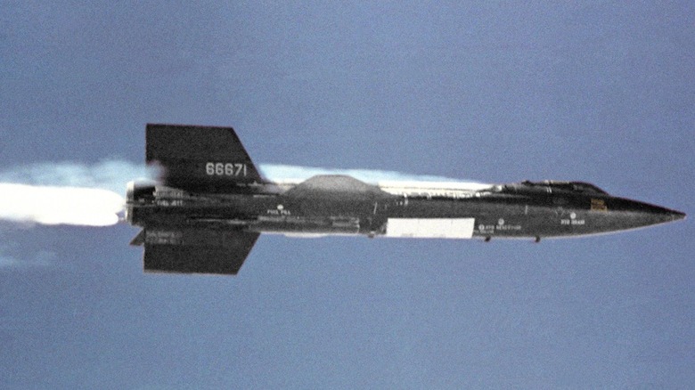 The North American X-15 in flight over blue skies