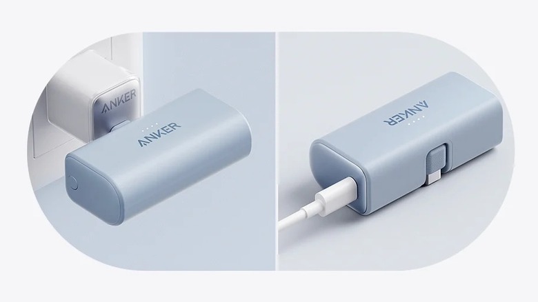 An Anker Nano power bank connected to a wall socket and charging a device