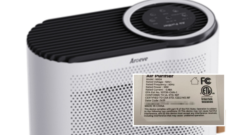 Recalled Aroeve MK04 Air Purifier in white and a product label with model, date code, and serial number