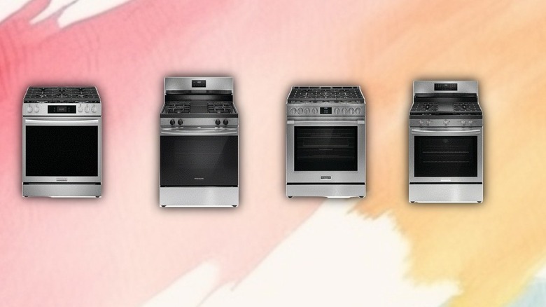 Frigidaire Gas Ranges on a painted background.