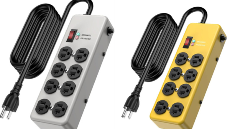 Recalled HEZI brand power strip in gray and yellow.