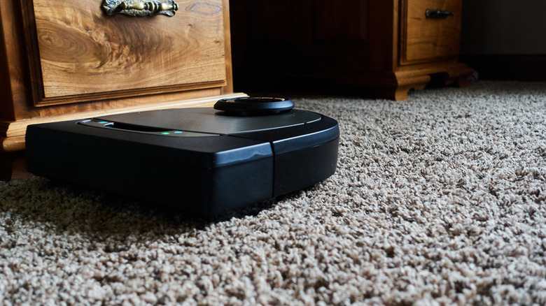 Black Neato robot vacuum cleaner on a plush carpet next to wooden furniture.